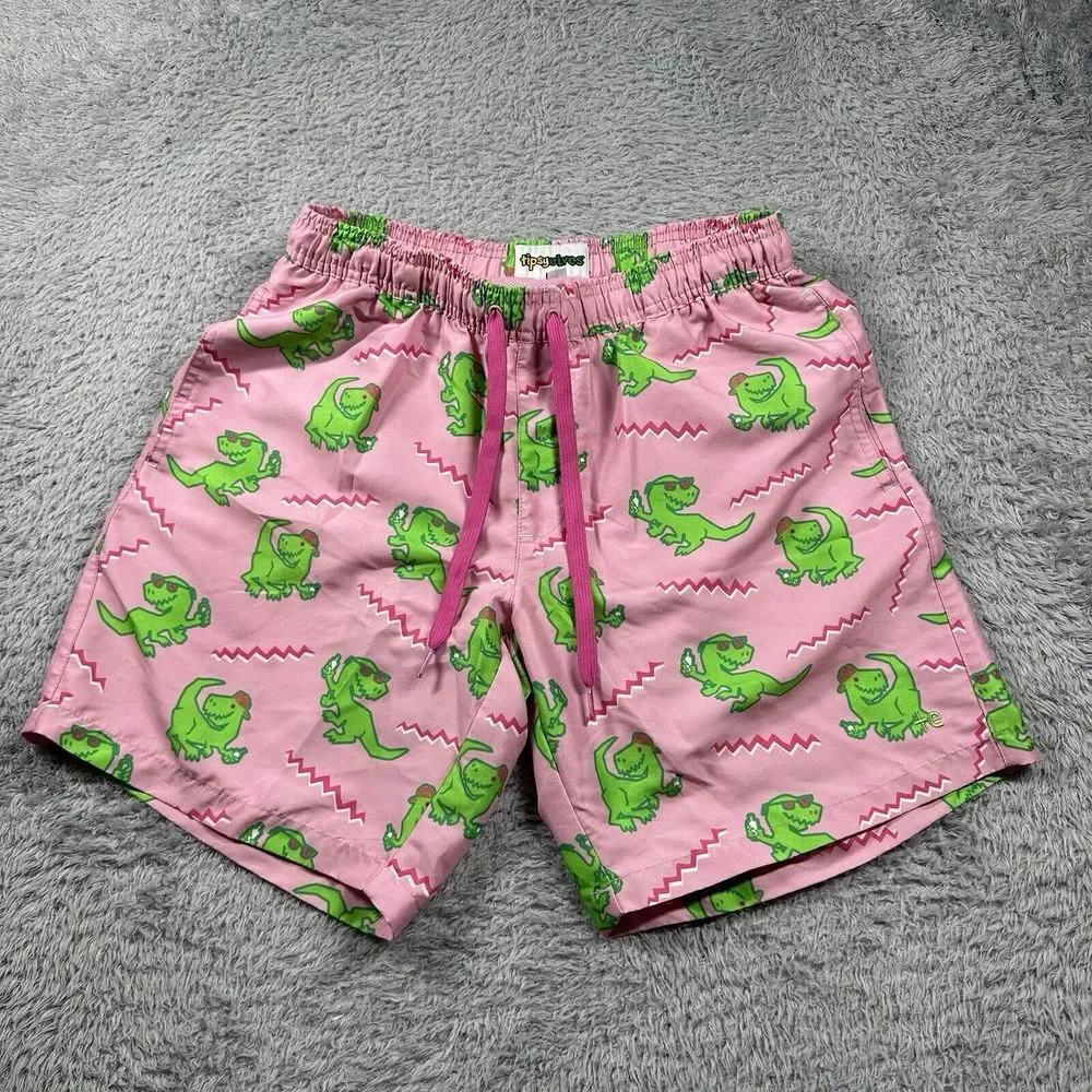 Tipsy Elves Swim Trunks Mens Medium Pink Dino Disco Dinosaur All Over‎ Print